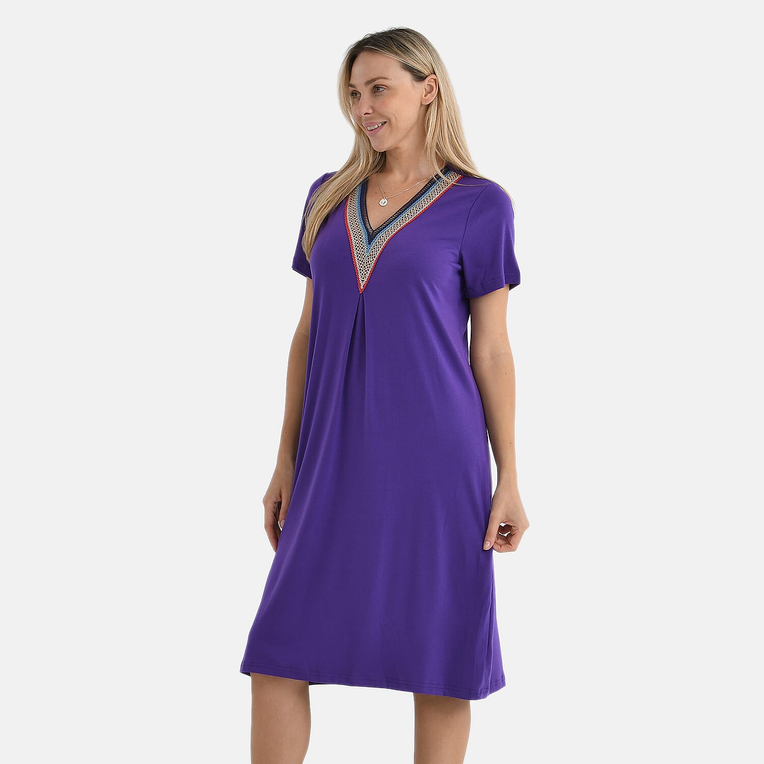 - Maisi Relaxed Fit V-Neck Lace Trim Dress (Size XL) - Purple