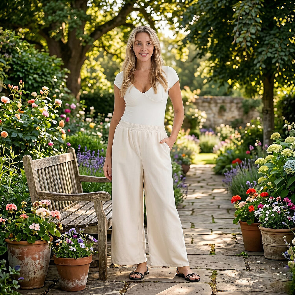 - Maisi Relaxed Fit Wide Leg Lounge Trousers (Size - L) - Cream