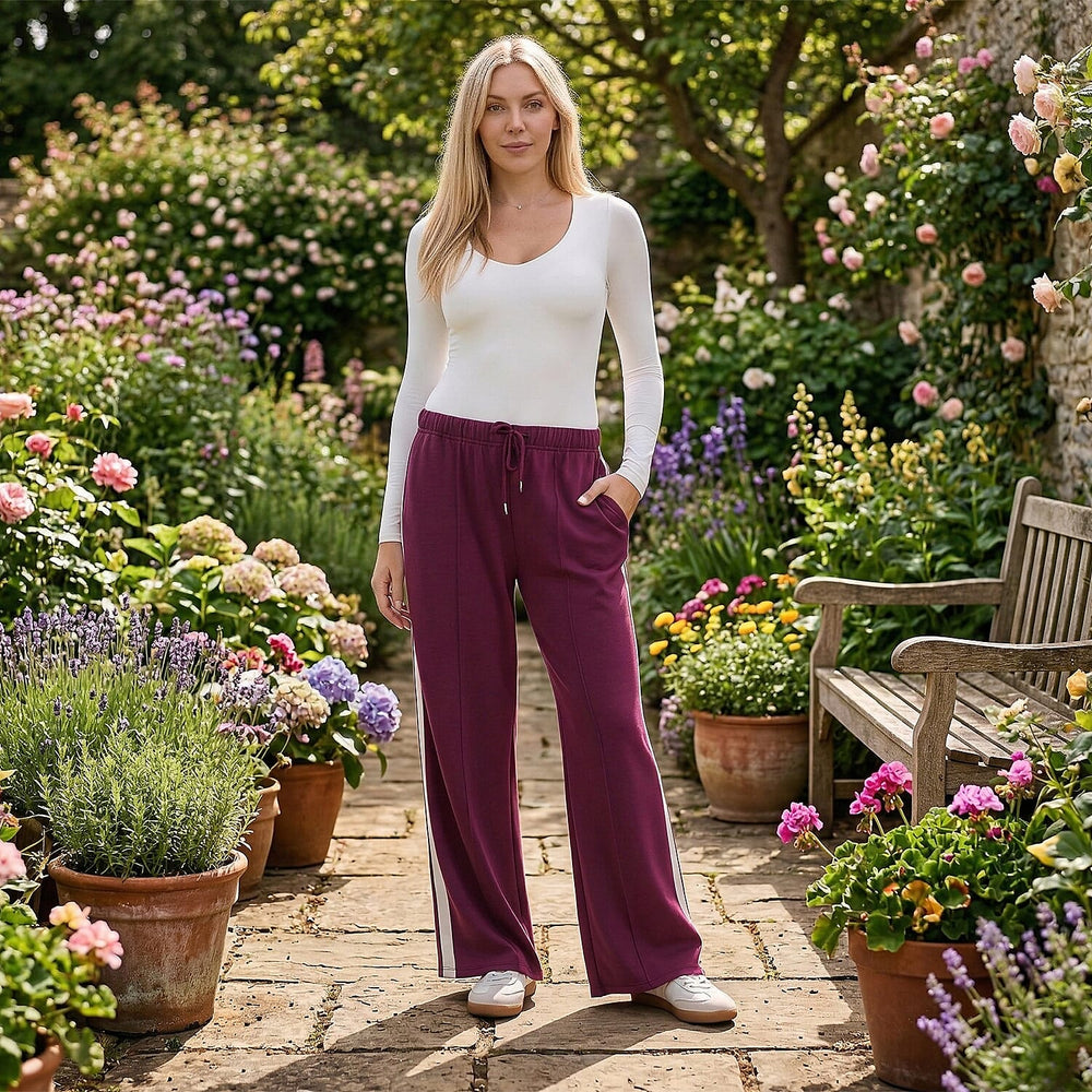 - Maisi Side Stripe Wide-Leg Trousers (Size M) - Plum