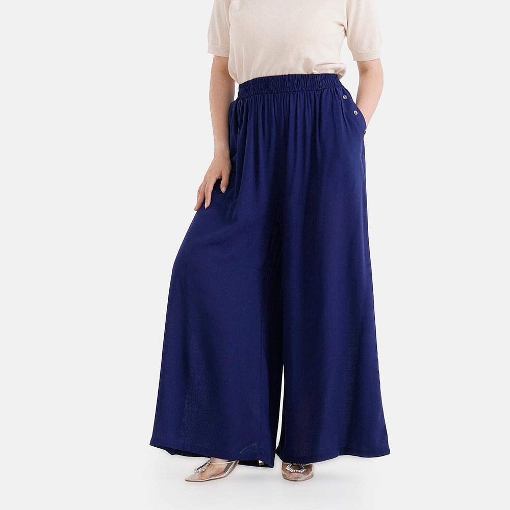 - Maisi Elasticated Waist Wide Leg Flared Trousers (One Size) - Blue