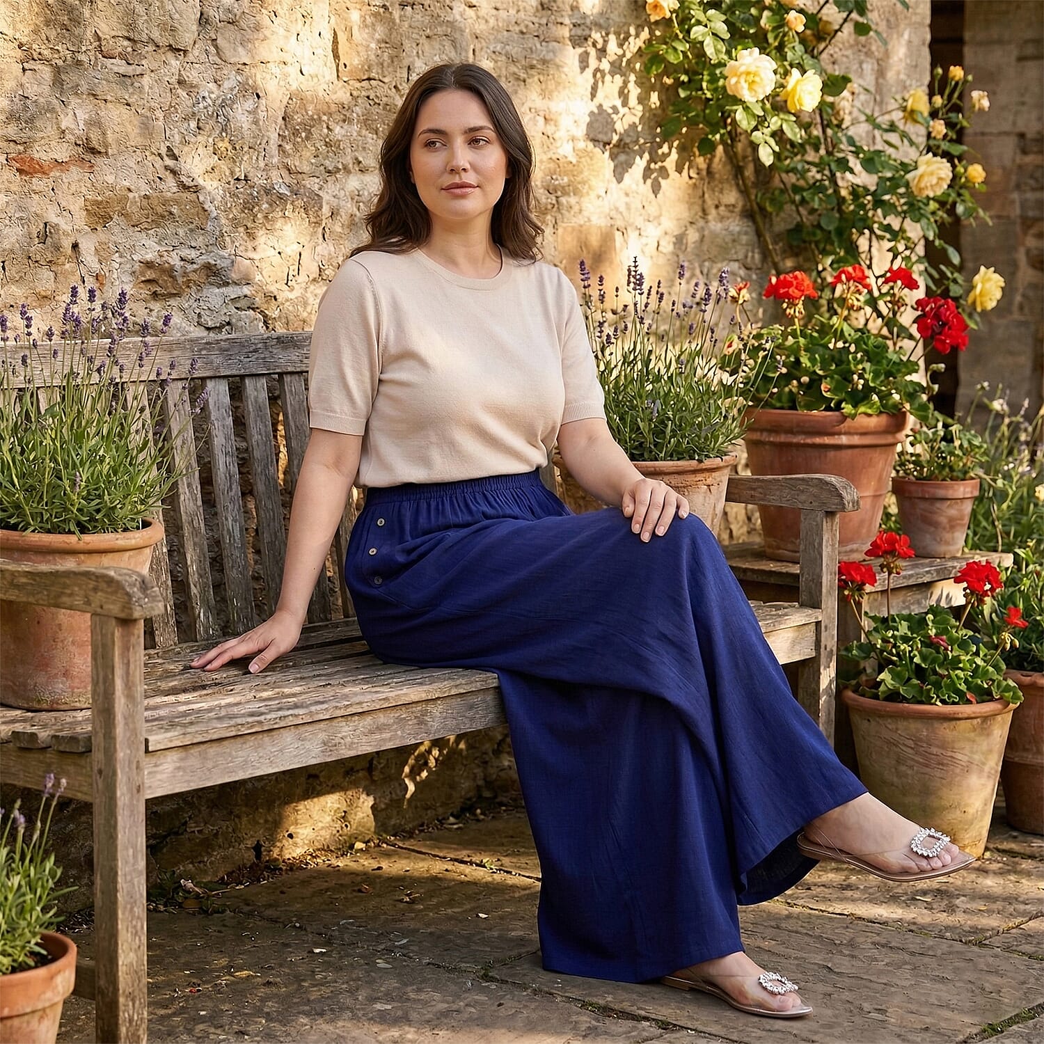 - Maisi Elasticated Waist Wide Leg Flared Trousers (One Size) - Blue