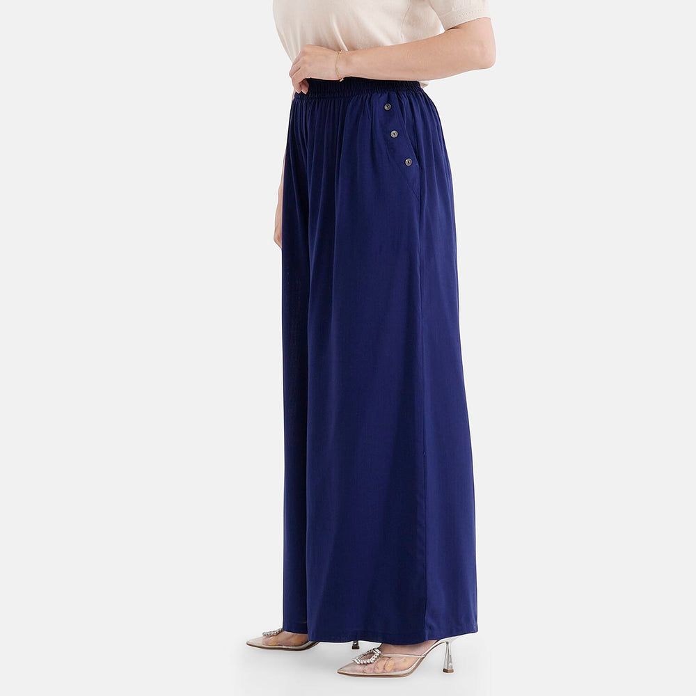 - Maisi Elasticated Waist Wide Leg Flared Trousers (One Size) - Blue