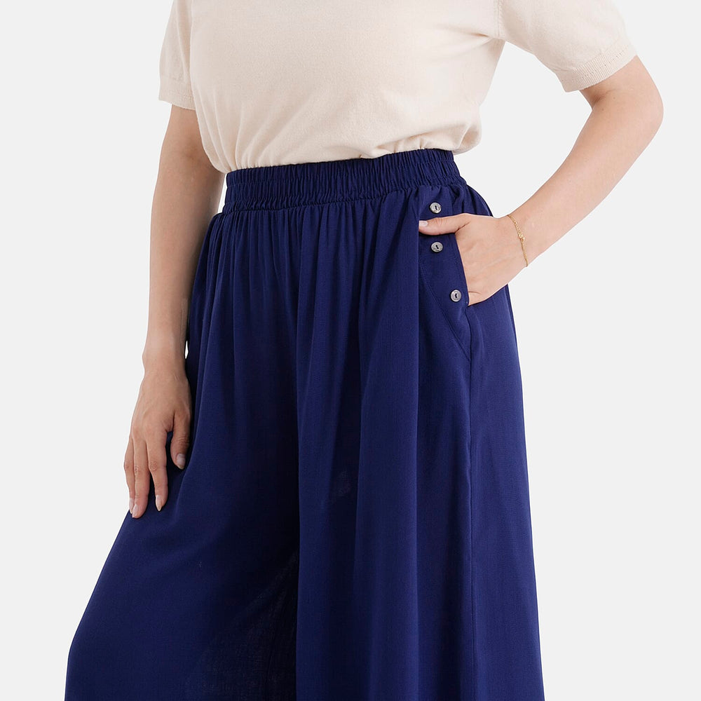- Maisi Elasticated Waist Wide Leg Flared Trousers (One Size) - Blue