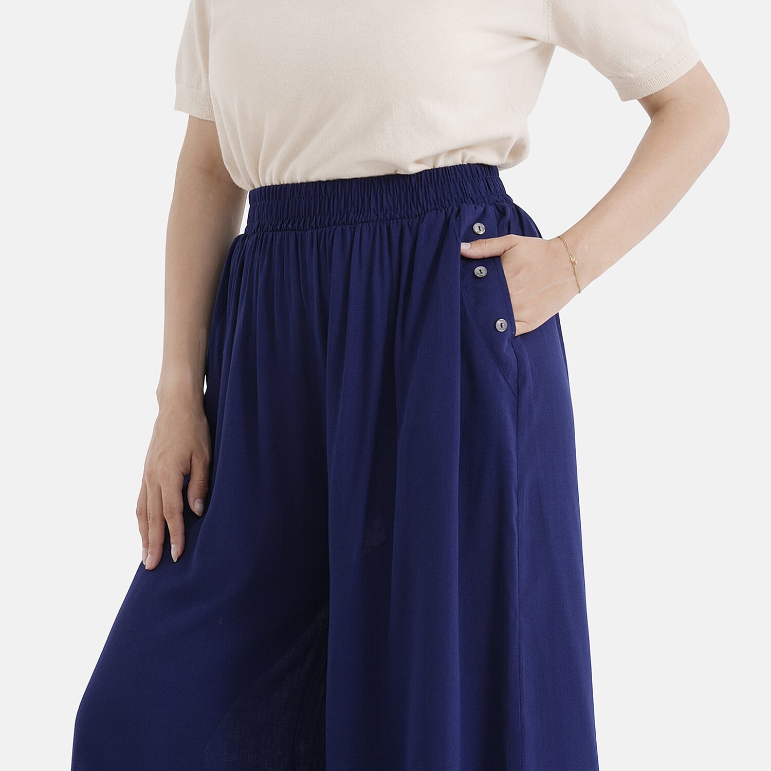 - Maisi Elasticated Waist Wide Leg Flared Trousers (One Size) - Blue