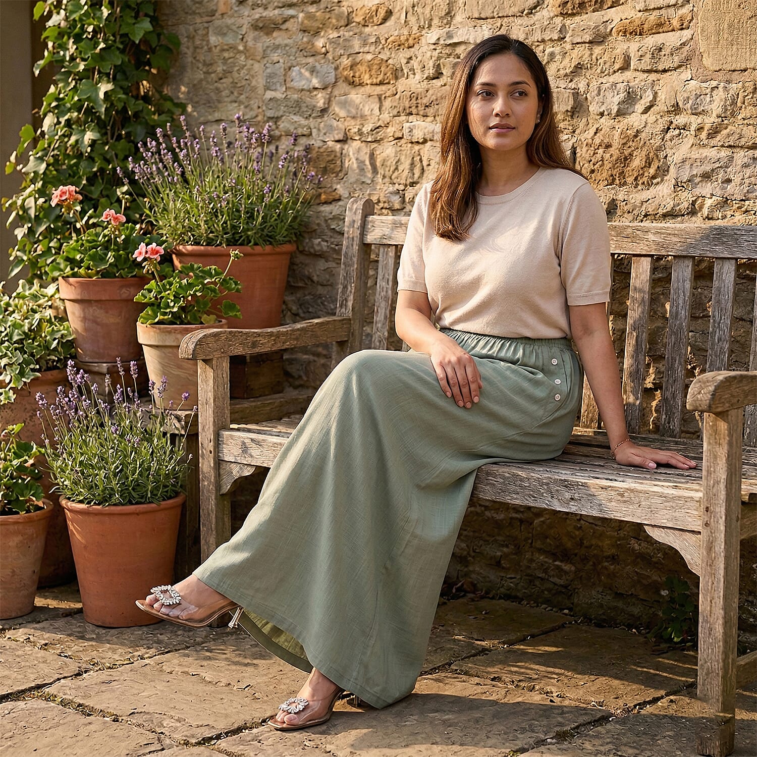 - Maisi Elasticated Waist Wide Leg Flared Trousers (One Size) - Green