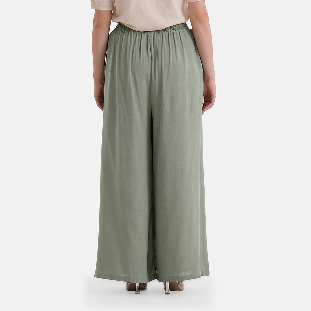 - Maisi Elasticated Waist Wide Leg Flared Trousers (One Size) - Green