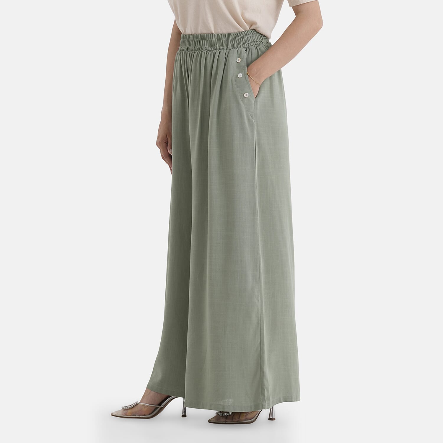 - Maisi Elasticated Waist Wide Leg Flared Trousers (One Size) - Green