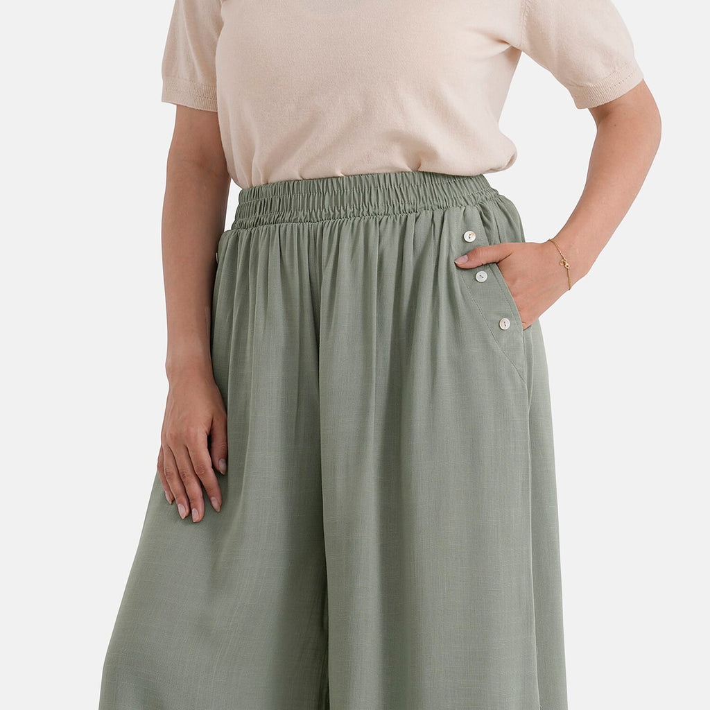 - Maisi Elasticated Waist Wide Leg Flared Trousers (One Size) - Green