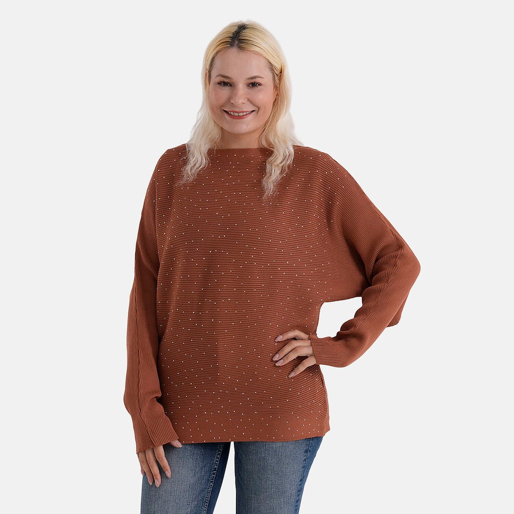- Maisi Glam Knit Diamonte Batwing-Sleeve Jumper (One Size) - Brown