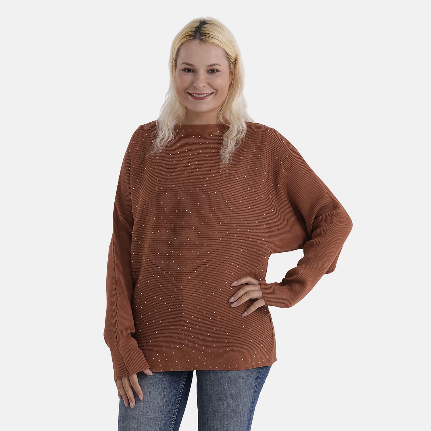 - Maisi Glam Knit Diamonte Batwing-Sleeve Jumper (One Size) - Brown