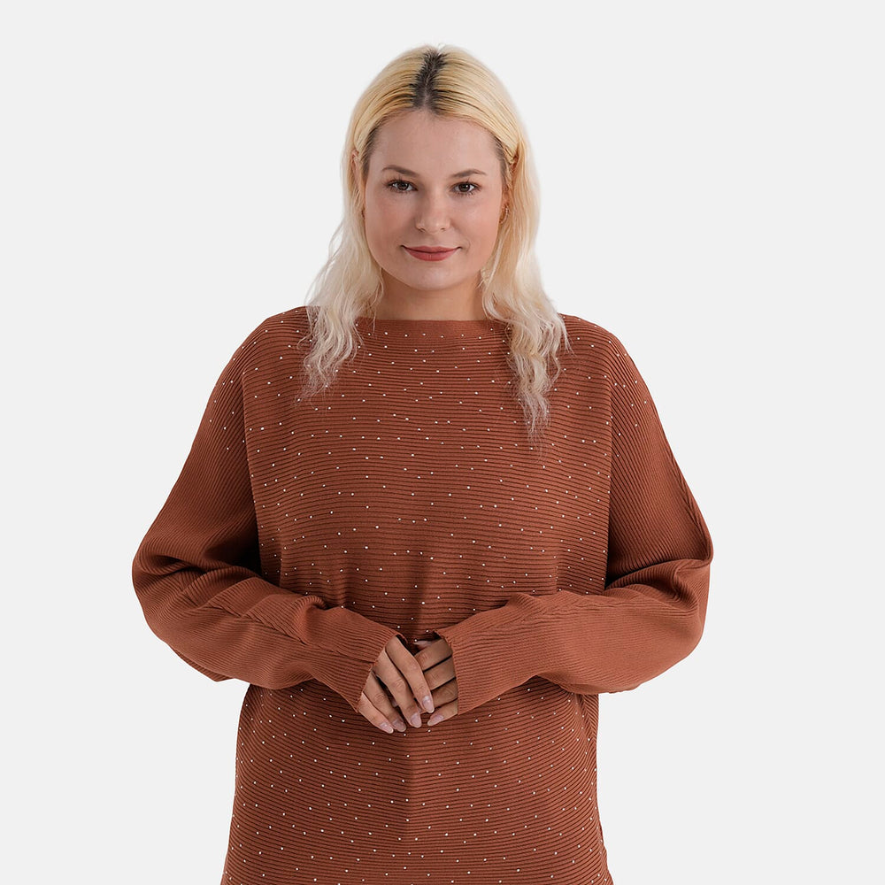 - Maisi Glam Knit Diamonte Batwing-Sleeve Jumper (One Size) - Brown