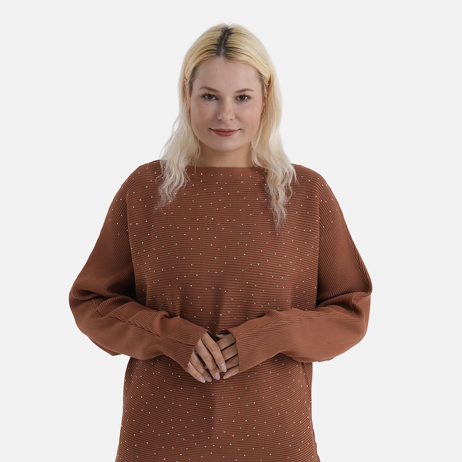 - Maisi Glam Knit Diamonte Batwing-Sleeve Jumper (One Size) - Brown