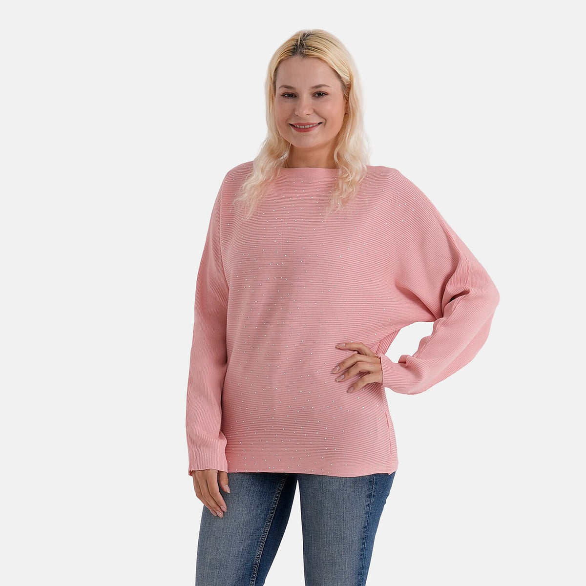 - Maisi Glam Knit Diamonte Batwing-Sleeve Jumper (One Size) - Pink