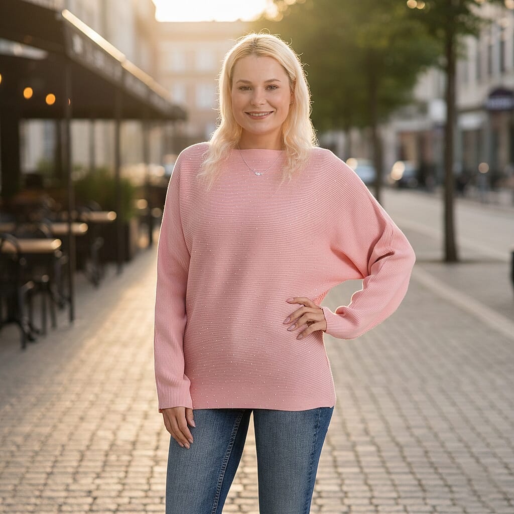 - Maisi Glam Knit Diamonte Batwing-Sleeve Jumper (One Size) - Pink