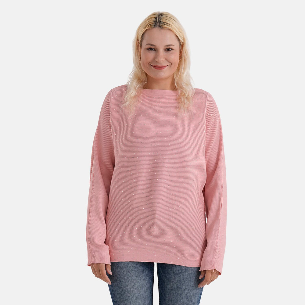 - Maisi Glam Knit Diamonte Batwing-Sleeve Jumper (One Size) - Pink