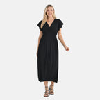 THE STYLE STATEMENT- - Maisi Flutter Sleeves V-Neck Smocked Midi Dress (One Size) - Black