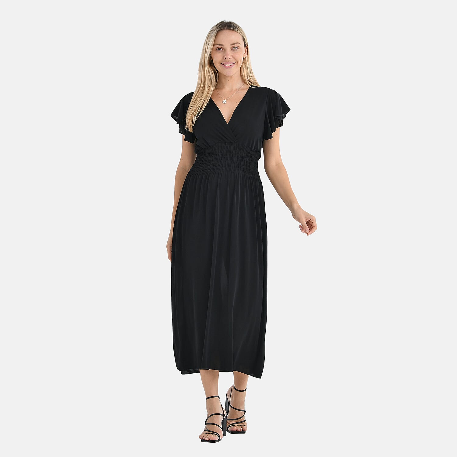 THE STYLE STATEMENT- - Maisi Flutter Sleeves V-Neck Smocked Midi Dress (One Size) - Black