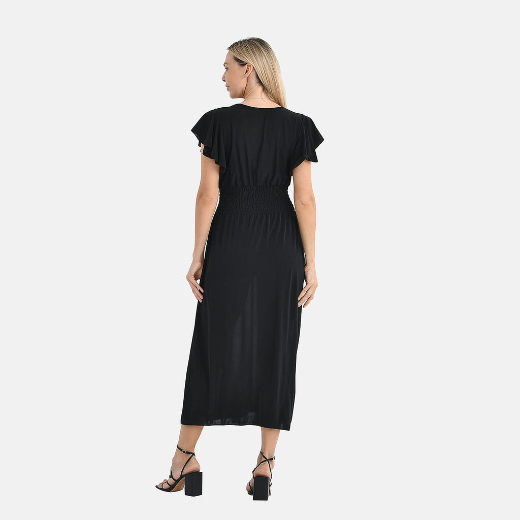 THE STYLE STATEMENT- - Maisi Flutter Sleeves V-Neck Smocked Midi Dress (One Size) - Black