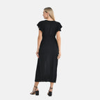 THE STYLE STATEMENT- - Maisi Flutter Sleeves V-Neck Smocked Midi Dress (One Size) - Black
