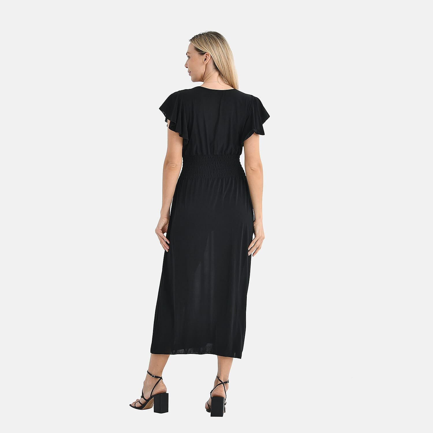 THE STYLE STATEMENT- - Maisi Flutter Sleeves V-Neck Smocked Midi Dress (One Size) - Black