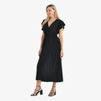 THE STYLE STATEMENT- - Maisi Flutter Sleeves V-Neck Smocked Midi Dress (One Size) - Black