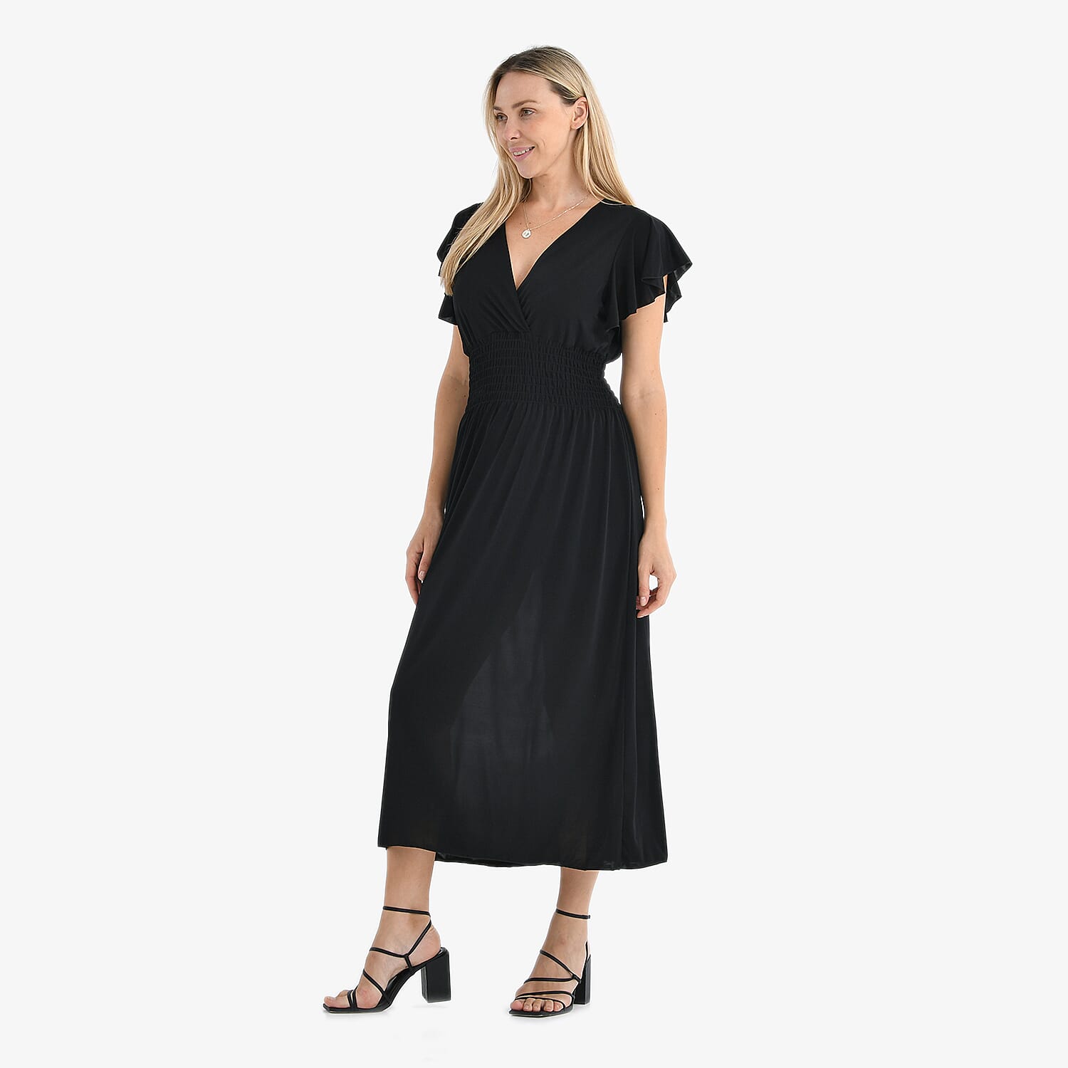 THE STYLE STATEMENT- - Maisi Flutter Sleeves V-Neck Smocked Midi Dress (One Size) - Black
