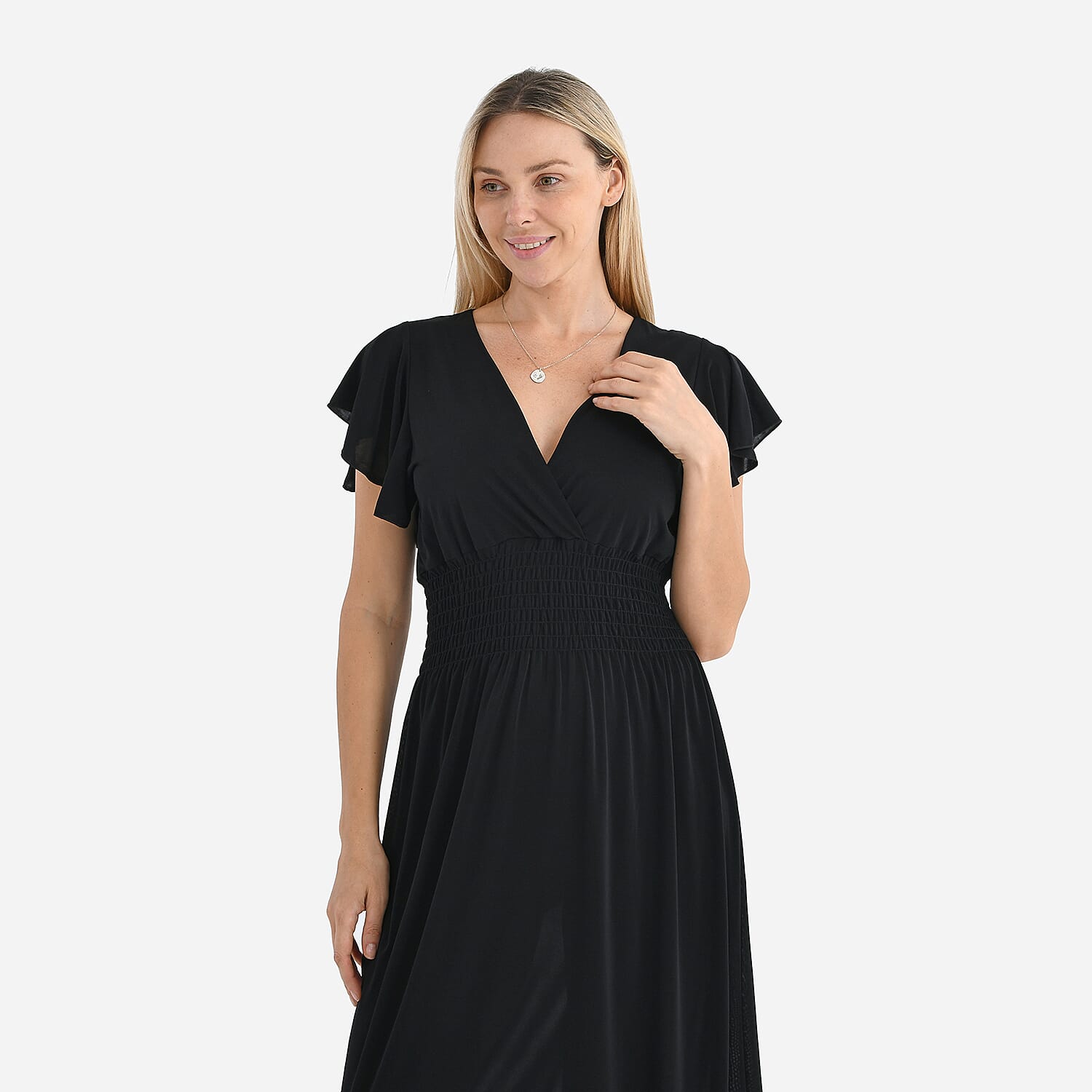 THE STYLE STATEMENT- - Maisi Flutter Sleeves V-Neck Smocked Midi Dress (One Size) - Black