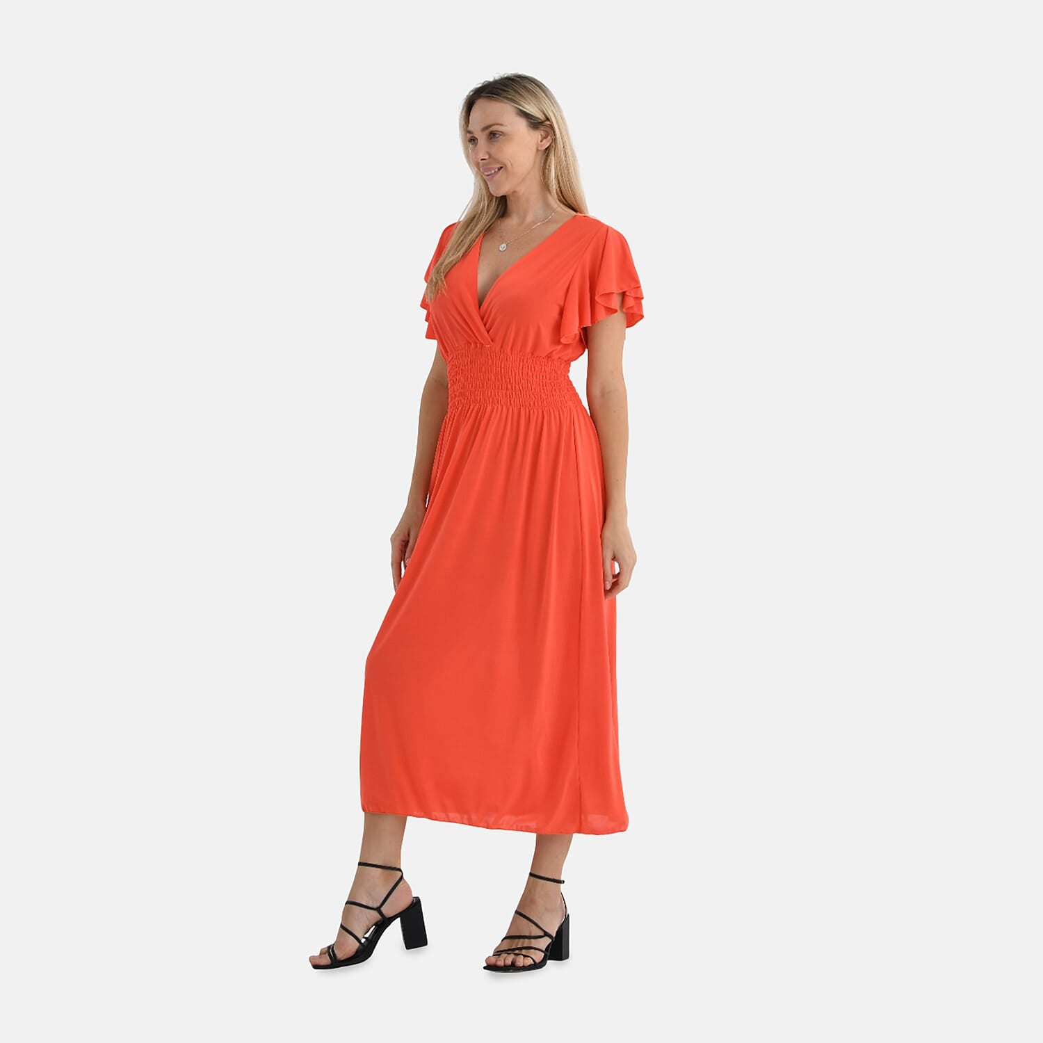 - Maisi Flutter Sleeves Smocked Maxi Dress (One Size Curve) - Orange Curve