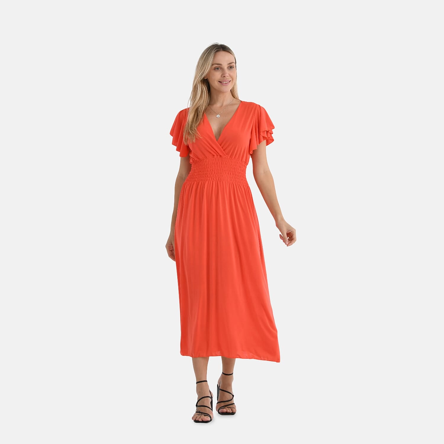 - Maisi Flutter Sleeves Smocked Maxi Dress (One Size Curve) - Orange Curve