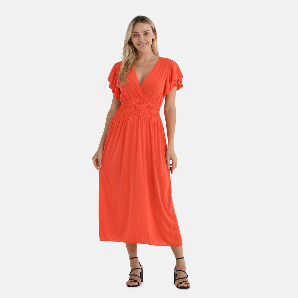 - Maisi Flutter Sleeves Smocked Maxi Dress (One Size) - Orange