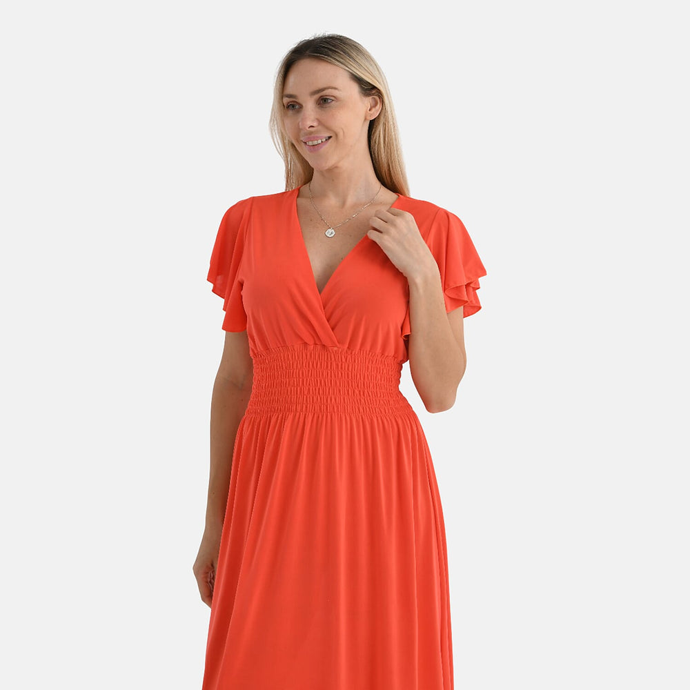 - Maisi Flutter Sleeves Smocked Maxi Dress (One Size) - Orange