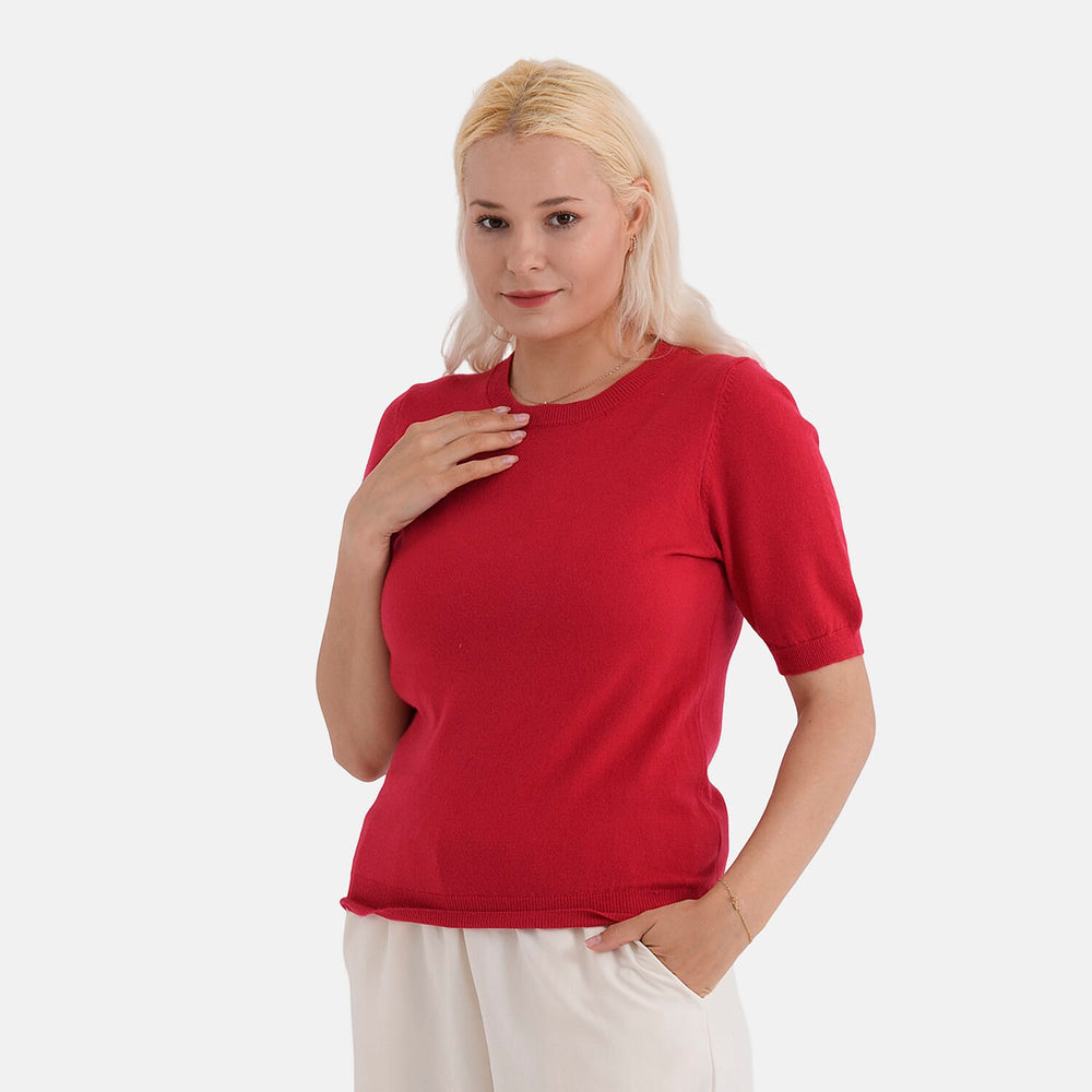 - Maisi Round Neck Short-Sleeved Top (Size L-XL) - Red