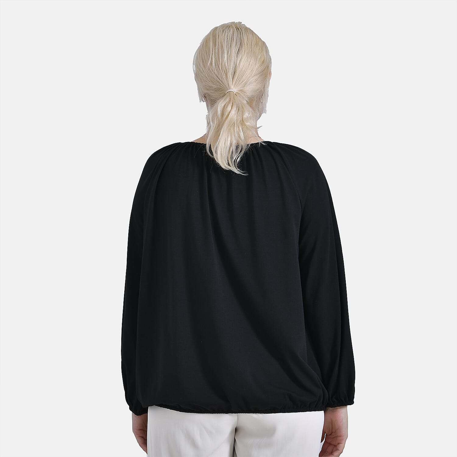& Maisi Jersey Balloon Sleeve Top with Drawstring V-Neck (Size M) - Black