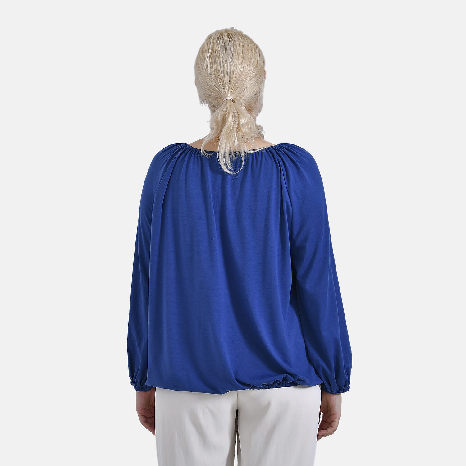- Maisi Relaxed Fit Jersey Balloon Sleeve Top with Tie-Up Neck (Size M) - Blue