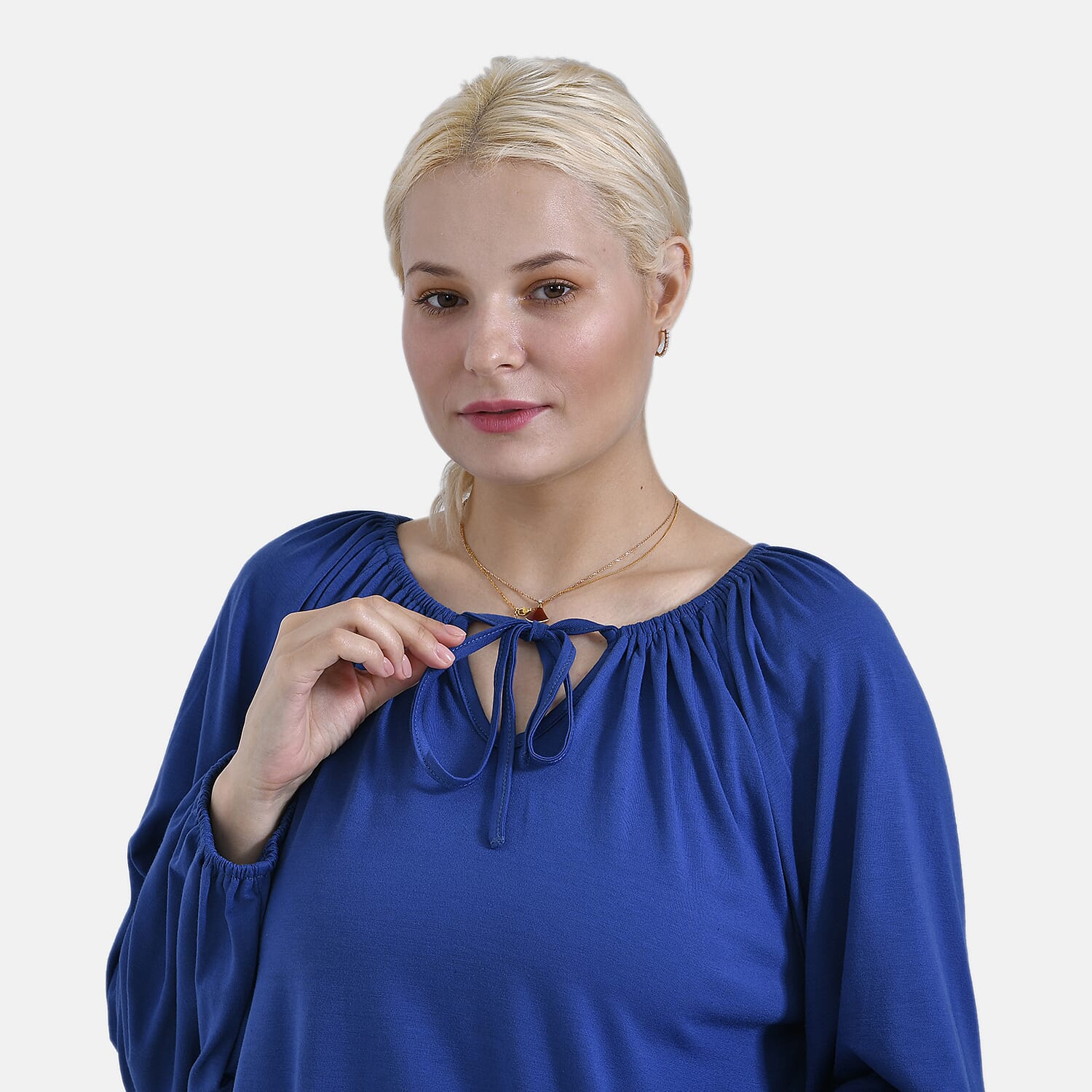 - Maisi Relaxed Fit Jersey Balloon Sleeve Top with Tie-Up Neck (Size M) - Blue