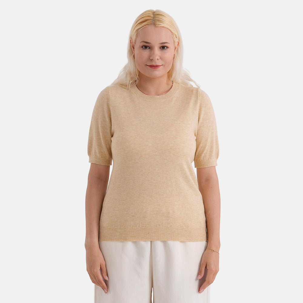- Maisi Round Neck Short-Sleeved Top (Size S-M) - Beige