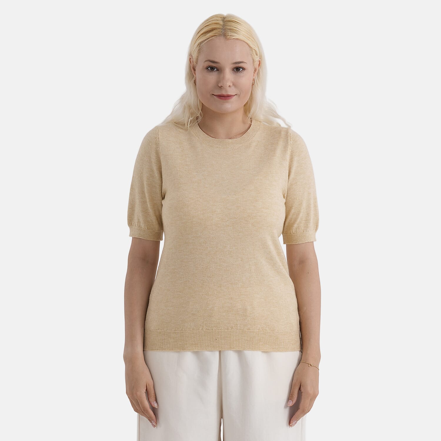 - Maisi Round Neck Short-Sleeved Top (Size S-M) - Beige