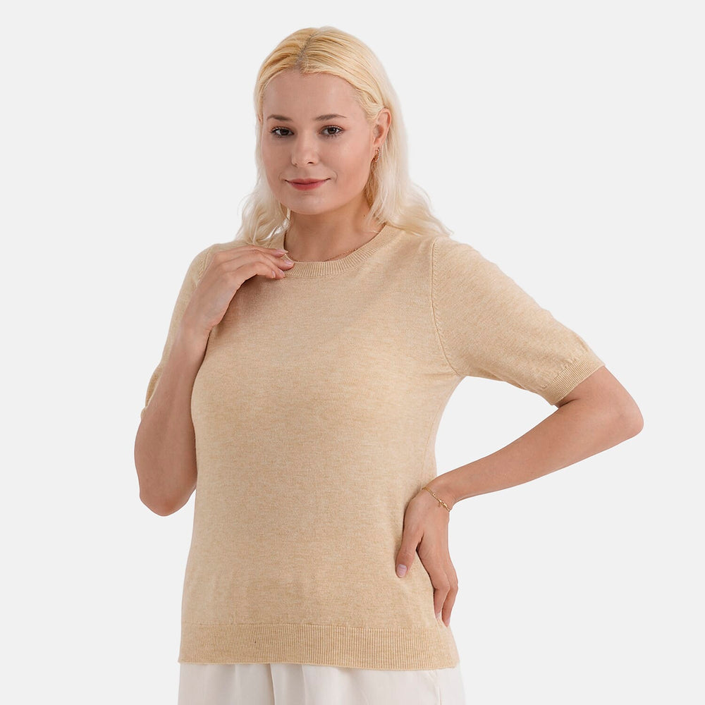 - Maisi Round Neck Short-Sleeved Top (Size S-M) - Beige