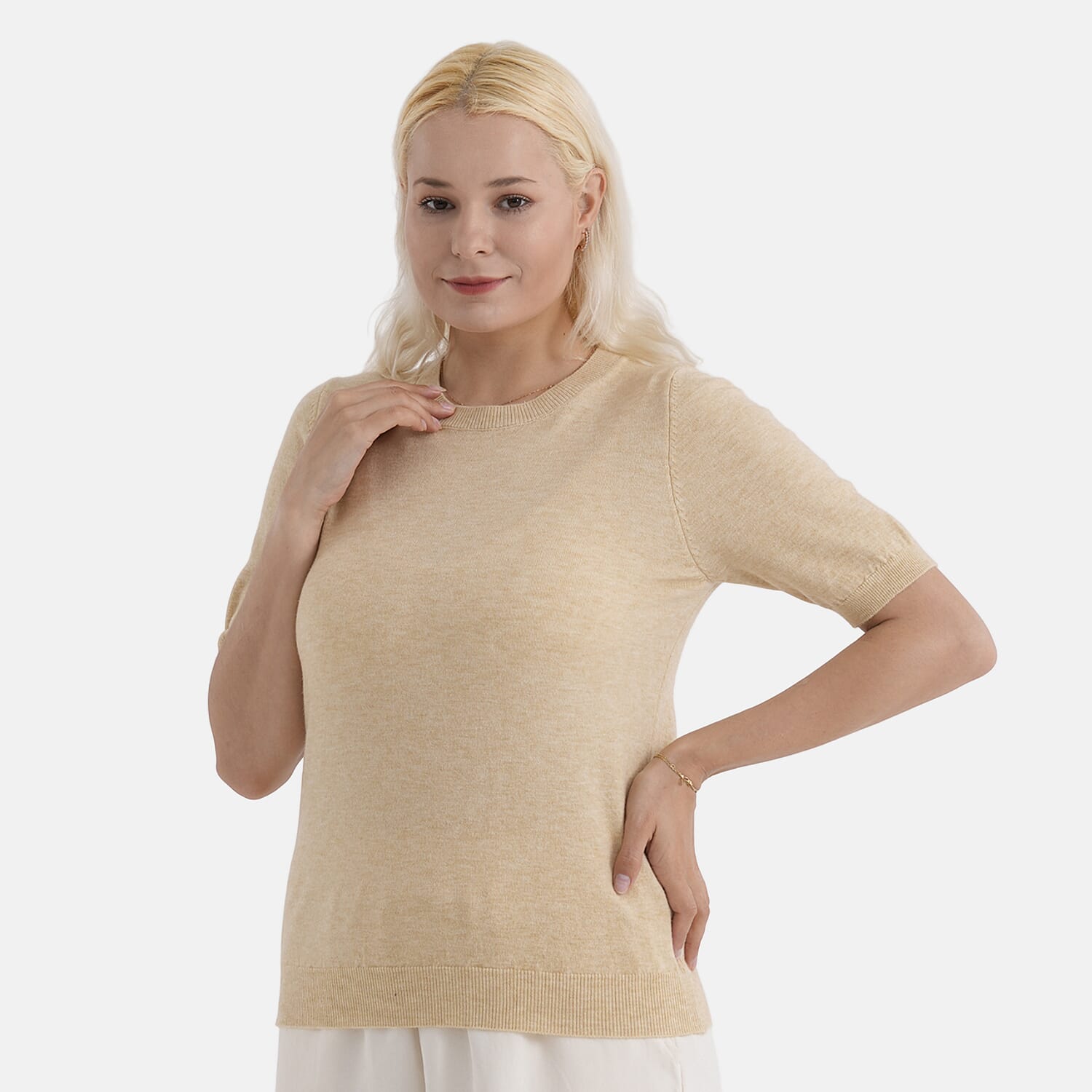 - Maisi Round Neck Short-Sleeved Top (Size S-M) - Beige