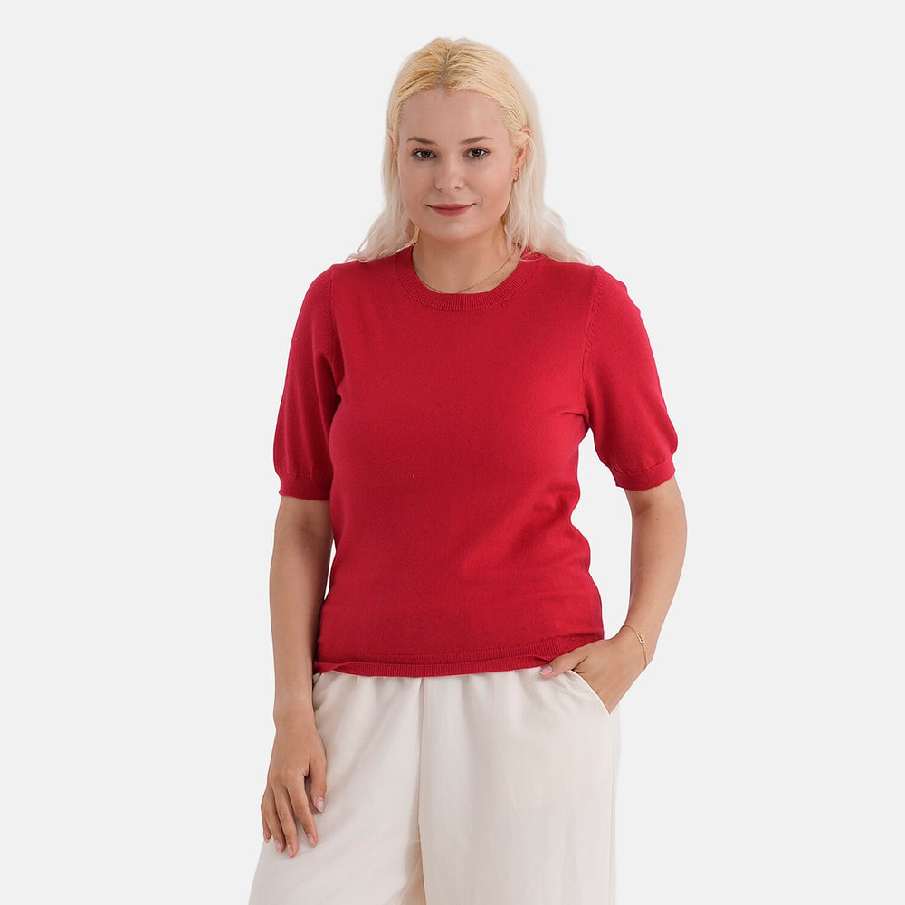 - Maisi Round Neck Short-Sleeved Top (Size S-M) - Red