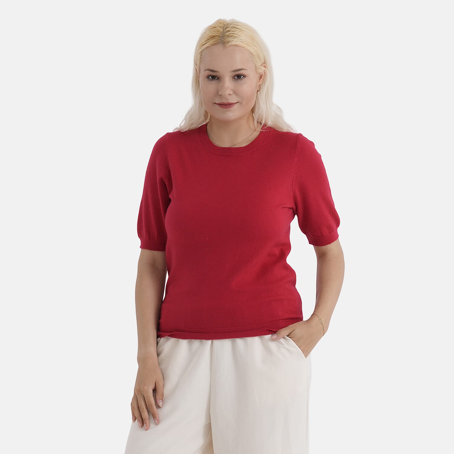 - Maisi Round Neck Short-Sleeved Top (Size S-M) - Red