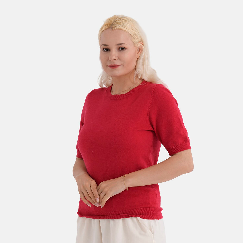 - Maisi Round Neck Short-Sleeved Top (Size S-M) - Red