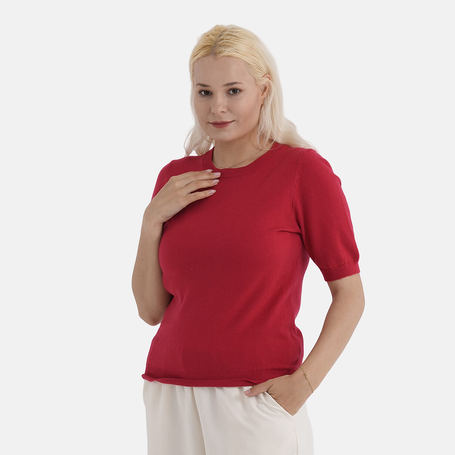 - Maisi Round Neck Short-Sleeved Top (Size S-M) - Red