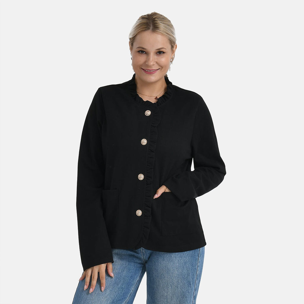 -Maisi Frill Trim Gold Button Suede Feel Jacket (Size S, 8 to 10) - Black