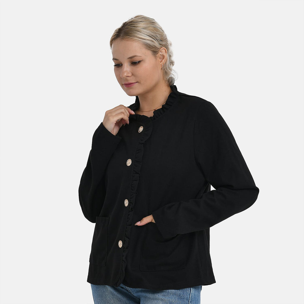 -Maisi Frill Trim Gold Button Suede Feel Jacket (Size S, 8 to 10) - Black