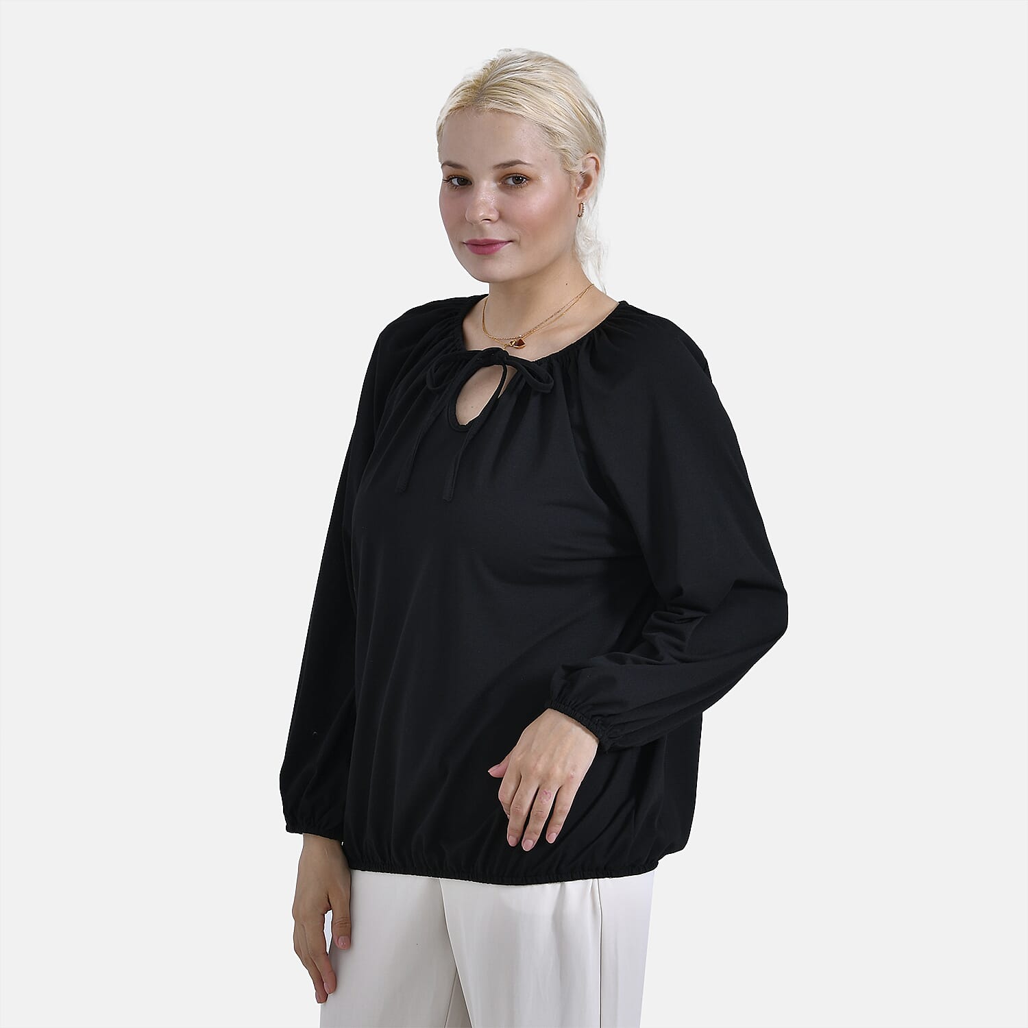 & Maisi Jersey Balloon Sleeve Top with Drawstring V-Neck (Size S) - Black
