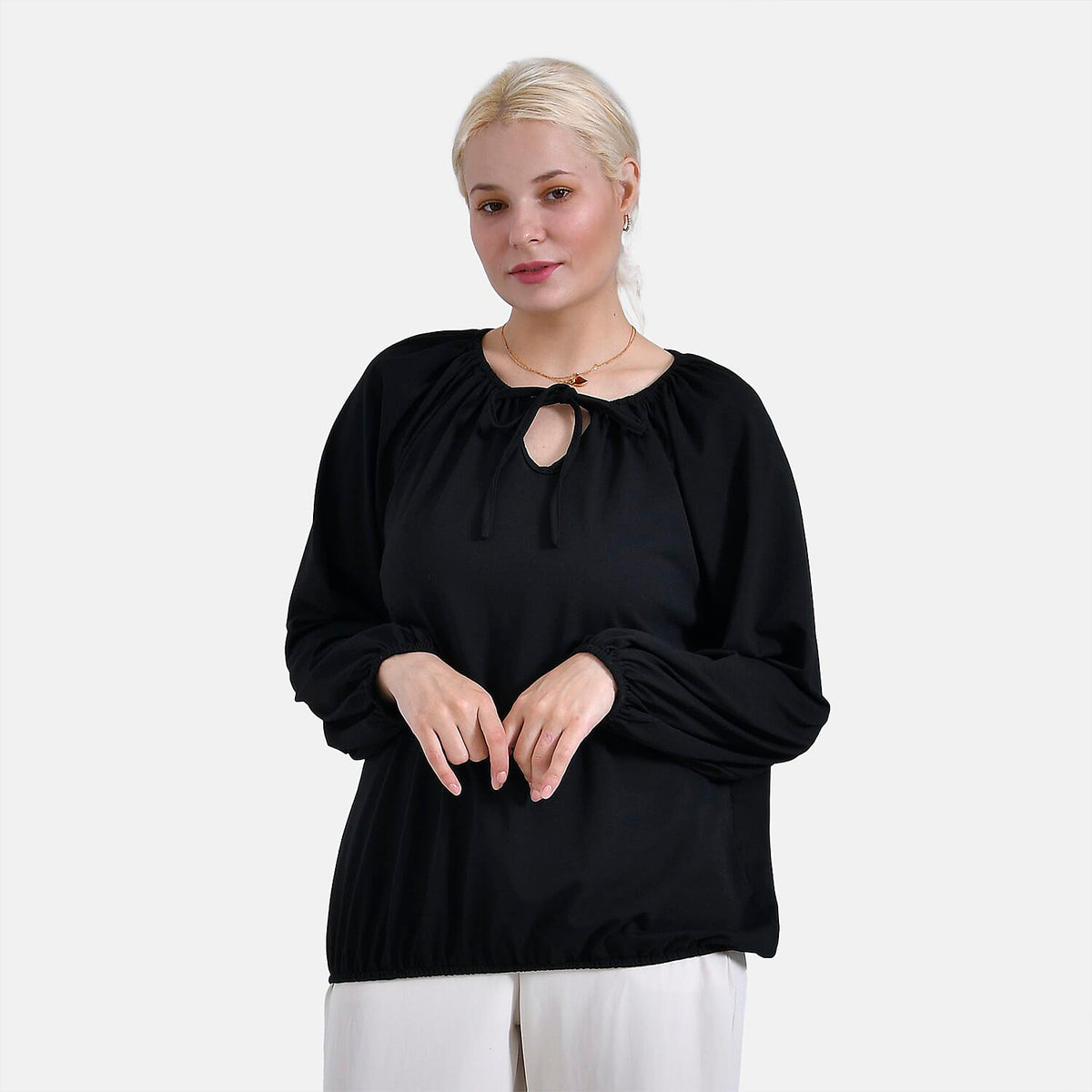 & Maisi Jersey Balloon Sleeve Top with Drawstring V-Neck (Size S) - Black