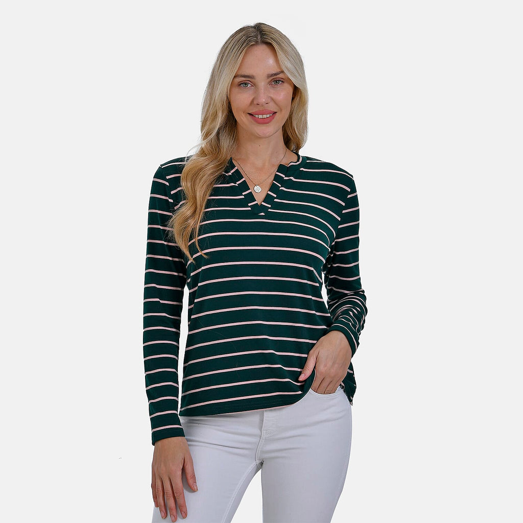 & Maisi Wrinkle Free Full Sleeve Stripe Jersey Top (Size S) - Green & Pink