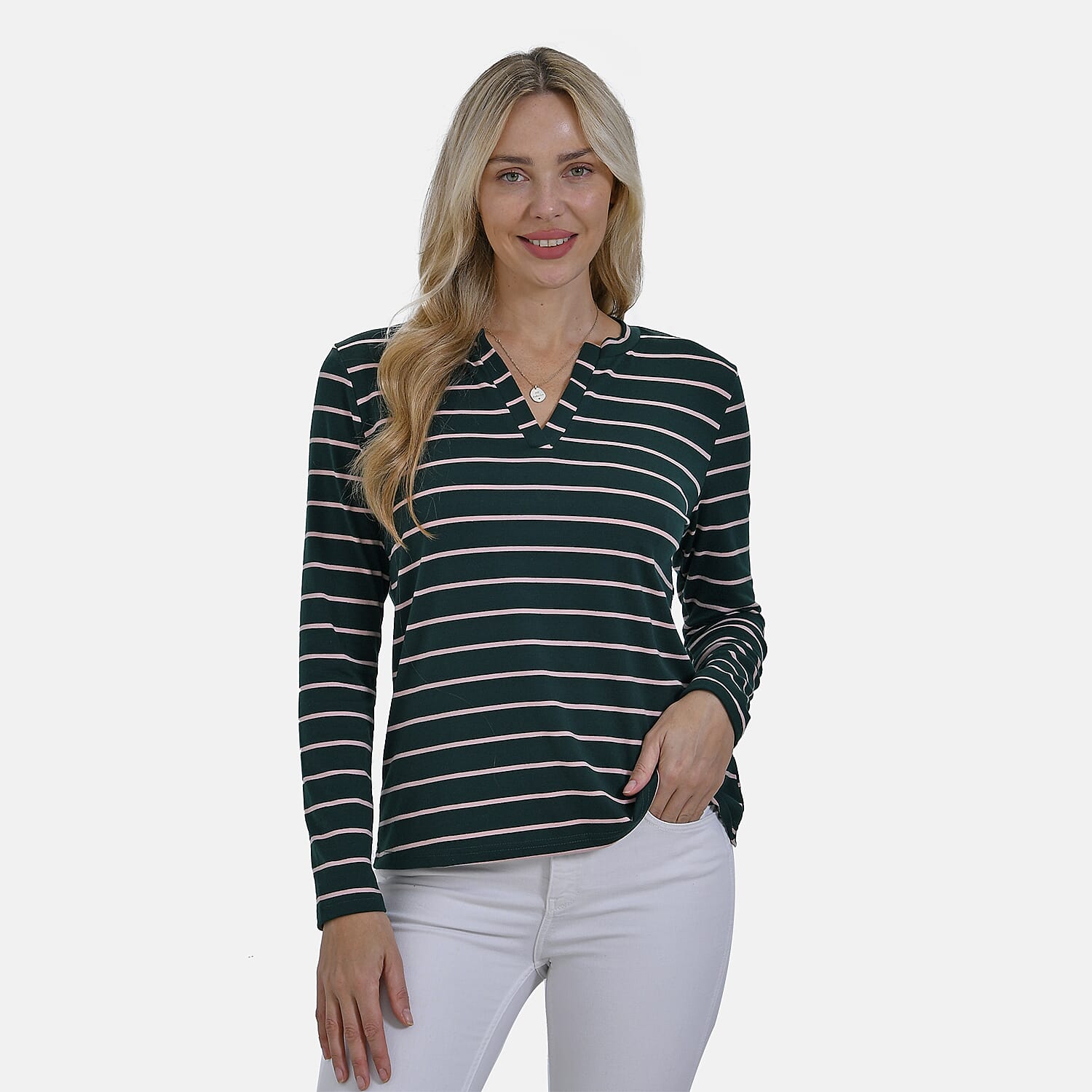 & Maisi Wrinkle Free Full Sleeve Stripe Jersey Top (Size S) - Green & Pink