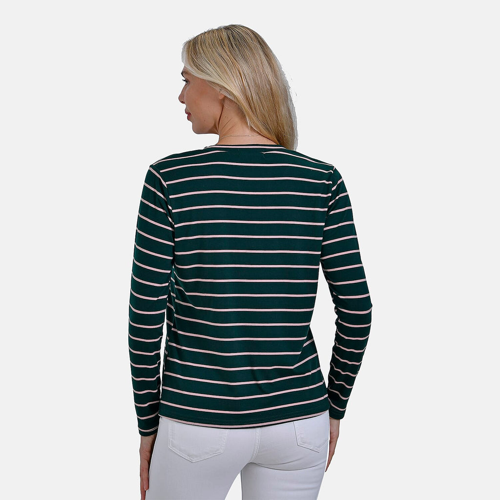 & Maisi Wrinkle Free Full Sleeve Stripe Jersey Top (Size S) - Green & Pink